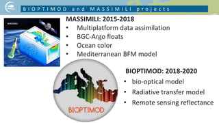 BIOPTIMOD: 2018-2020
• bio-optical model
• Radiative transfer model
• Remote sensing reflectance
B I O P T I M O D a n d M A S S I M I L I p r o j e c t s
NICE PICTURE ON YOUR PROJECT TOPIC
MASSIMILI: 2015-2018
• Multiplatform data assimilation
• BGC-Argo floats
• Ocean color
• Mediterranean BFM model
 