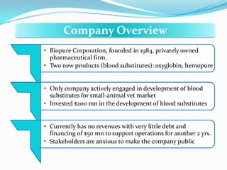 • Biopure Corporation, founded in 1984, privately owned
pharmaceutical firm.
• Two new products (blood substitutes): oxyglobin, hemopure
• Only company actively engaged in development of blood
substitutes for small-animal vet market
• Invested $200 mn in the development of blood substitutes
• Currently has no revenues with very little debt and
financing of $50 mn to support operations for another 2 yrs.
• Stakeholders are anxious to make the company public
Company Overview
 