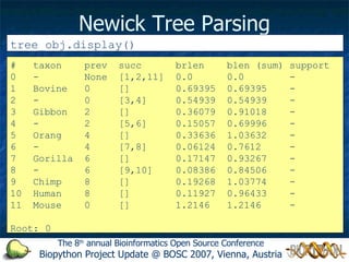Newick Tree Parsing #  taxon  prev  succ  brlen  blen (sum) support 0  -  None  [1,2,11]  0.0  0.0  - 1  Bovine  0  []  0.69395  0.69395  - 2  -  0  [3,4]  0.54939  0.54939  - 3  Gibbon  2  []  0.36079  0.91018  - 4  -  2  [5,6]  0.15057  0.69996  - 5  Orang  4  []  0.33636  1.03632  - 6  -  4  [7,8]  0.06124  0.7612  - 7  Gorilla  6  []  0.17147  0.93267  - 8  -  6  [9,10]  0.08386  0.84506  - 9  Chimp  8  []  0.19268  1.03774  - 10  Human  8  []  0.11927  0.96433  - 11  Mouse  0  []  1.2146  1.2146  - Root: 0 tree_obj.display() The 8 th  annual Bioinformatics Open Source Conference Biopython Project Update @ BOSC 2007, Vienna, Austria 