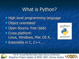 What is Python? <ul><li>High level programming language </li></ul><ul><li>Object orientated </li></ul><ul><li>Open Source,...