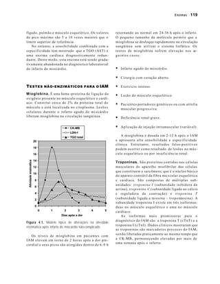 Enzimas 119 
fígado, pulmão e músculo esquelético. Os valores 
do pico máximo são 5 a 10 vezes maiores que o 
limite superior de referência. 
No entanto, a sensibilidade combinada com a 
especificidade tem mostrado que a TGO (AST) é 
uma enzima cardíaca diagnosticamente redun-dante. 
Deste modo, esta enzima está sendo grada-tiv 
amente abandonada no diagnóstico laboratorial 
do infarto do miocárdio. 
TESTES NÃO-ENZIMÁTICOS PARA O IAM 
Mioglobina. É uma heme -proteína de ligação do 
oxigênio presente no músculo esquelético e cardí-aco. 
Constitui cerca de 2% da proteína total do 
músculo e está localizada no citoplasma. Lesões 
celulares durante o infarto agudo do mi ocárdio 
liberam mioglobina na circulação sangüínea. 
20 
18 
16 
14 
12 
10 
8 
6 
4 
2 
0 
0 1 2 3 4 5 
Dias após a dor 
Atividade enzimática 
CK-MB 
LDH-1 
TGO total 
Figura 4.1. Modelo típico de alterações na atividade 
enzimática após infarto do miocárdio não-complicado. 
Os níveis de mioglobina em pacientes com 
IAM elevam em torno de 2 horas após a dor pre-cordial 
e seus picos são atingidos dentro de 6 -9 h 
retornando ao normal em 24-36 h após o infarto. 
O pequeno tamanho da molécula permite que a 
mioglobina se desloque rapidamente na circulação 
sangüínea sem utilizar o sistema linfático. Os 
teores de mioglobina sofrem elevação nos se-guintes 
casos: 
§ Infarto agudo do miocárdio. 
§ Cirurgia com coração aberto. 
§ Exercício intenso. 
§ Lesão do músculo esquelético. 
§ Pacientes portadores genéticos ou com atrofia 
muscular progres siva. 
§ Deficiência renal grave. 
§ Aplicação de injeção intramuscular (variável). 
A mioglobina é dosada em 2-12 h após o IAM 
e apresenta alta sensibilidade e especificidade 
clínica. Entretanto, resultados falso-positivos 
podem ocorrer como resultado de lesões no mús-culo 
esquelético ou por insuficiência renal. 
Troponinas. São proteínas contidas nas células 
musculares do aparelho miofibrilar das células 
que constituem o sarcômero, que é o núcleo básico 
do aparato contrátil da fibra mu s cular esquelética 
e cardíaca. São compostas de múltiplas sub-unidades: 
troponina I (subunidade inibidora da 
actina), troponina C (subunidade ligada ao cálcio 
e reguladora da contração) e troponina T 
(subunidade ligada a miosina – tropomiosina). A 
subunidade troponina I existe em três isoformas: 
duas no músculo esquelético e uma no músculo 
cardíaco. 
As isoformas mais promissoras para o 
diagnóstico do IAM são: a troponina T (cTnT) e a 
troponina I (cTnI). Dados clínicos mostraram que 
as troponinas são marcadores precoces do IAM, 
sendo liberadas praticamente ao mesmo tempo que 
a CK-MB, permanecendo elevadas por mais de 
uma semana após o infarto. 
 
