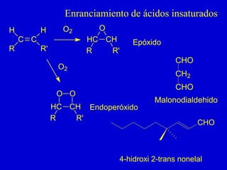 C C
H
H
R R'
HC CH
R
O
R'
HC CH
O O
R R'
O2
O2
Epóxido
Endoperóxido
CHO
CH2
CHO
Malonodialdehido
CHO
4-hidroxi 2-trans nonelal
Enranciamiento de ácidos insaturados
 