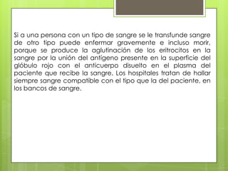 Si a una persona con un tipo de sangre se le transfunde sangre
de otro tipo puede enfermar gravemente e incluso morir,
porque se produce la aglutinación de los eritrocitos en la
sangre por la unión del antígeno presente en la superficie del
glóbulo rojo con el anticuerpo disuelto en el plasma del
paciente que recibe la sangre. Los hospitales tratan de hallar
siempre sangre compatible con el tipo que la del paciente, en
los bancos de sangre.

 