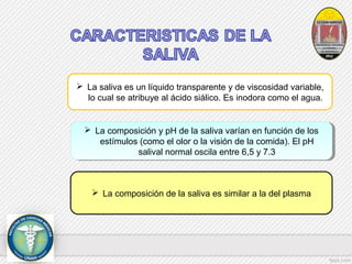  La saliva es un líquido transparente y de viscosidad variable, 
lo cual se atribuye al ácido siálico. Es inodora como el agua. 
 La composición y pH de la saliva varían en función de los 
 La composición y pH de la saliva varían en función de los 
estímulos (como el olor o la visión de la comida). El pH 
estímulos (como el olor o la visión de la comida). El pH 
salival normal oscila entre 6,5 y 7.3 
salival normal oscila entre 6,5 y 7.3 
 La composición de la saliva es similar a la del plasma 
 