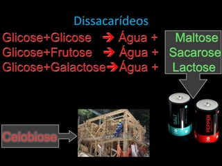 DissacarídeosGlicose+Glicose    Água +     MaltoseGlicose+Frutose    Água +   SacaroseGlicose+GalactoseÁgua +    LactoseCelobiose
