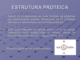 ESTRUTURA PROTEICA Apesar da complexidade de suas funções, as proteínas são relativamente simples: Repetições de 20 unidades básicas, os aminoácidos (aminoácidos-padrão) α -aa: pois possuem um grupo amino 1 ário  e um grupo carboxílico como substituintes no mesmo átomo de carbono (exceção: prolina  grupo amino 2 ário ). Estrutura geral de um  α -aminoácidos.  