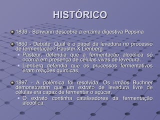 HISTÓRICO 1836 - Schwann descobre a enzima digestiva Pepsina 1860 - Debate: Qual é o papel da levedura no processo de fermentação? Pauster X Lienberg Pasteur, defendia que a fermentação alcoólica só ocorria em presença de células vivas de levedura.  Lienberg defendia que os processos fermentativos eram reações químicas.  1897 - A polêmica foi resolvida. Os irmãos Buchner demonstraram que um extrato de levedura livre de células era capaz de fermentar o açúcar.  O extrato continha catalisadores da fermentação alcoólica. 