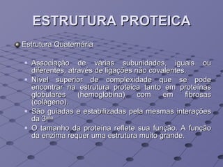 ESTRUTURA PROTEICA Estrutura Quaternária Associação de várias subunidades, iguais ou diferentes, através de ligações não covalentes.  Nível superior de complexidade que se pode encontrar na estrutura proteica tanto em proteínas globulares (hemoglobina) com em fibrosas (colágeno). São guiadas e estabilizadas pela mesmas interações da 3 ária O tamanho da proteína reflete sua função. A função da enzima requer uma estrutura muito grande.  