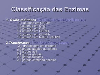 Classificação das Enzimas 1. Oxido-redutases  ( Reações de oxidação/Redução) 1.1.atuando em CH-OH  1.2.atuando em C=O  1.3.atuando em C=O-  1.4.atuando em CH-NH 2  1.5.atuando em CH-NH-  1.6.atuando em NADH, NADPH 2. Transferases  ( Transferência de grupos)   2.1.grupos com um carbono  2.2.grupos alde í do ou cetona 2.3.grupos acil  2.4.grupos glicosil 2.7.grupos fosfatos  2.8.grupos contendo enxofre   