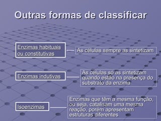 Outras formas de classificar Enzimas habituais ou constitutivas Enzimas indutivas As células sempre as sintetizam As células só as sintetizam quando estão na presença do substrato da enzima Isoenzimas Enzimas que têm a mesma função, ou seja, catalisam uma mesma reação, porém apresentam estruturas diferentes 