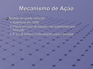 Mecanismo de Ação Modelo do ajuste induzido Koshland em 1958 Prevê um sítio de ligação não totalmente pré-formado,  E e o S sofrem conformação para o encaixe. 