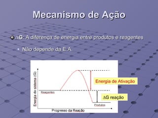 Mecanismo de Ação ∆ G : A diferença de energia entre produtos e reagentes Não depende da E.A. Energia de Ativação ∆ G reação 