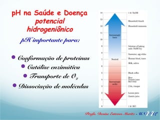 pH na Saúde e Doença 
Profa. Denise Esteves Moritz - UNISUL 
potencial 
hidrogeniônico 
pH importante para: 
Conformação de proteínas 
Catálise enzimática 
Transporte de O2 
Dissociação de moléculas 
44 
 
