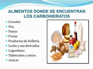 ALIMENTOS DONDE SE ENCUENTRAN
LOS CARBOHIDRATOS
 Cereales
 Pan.
 Pastas
 Frutas
 Productos de bollería.
 Leche y sus derivados
 Legumbres
 Tubérculos y raíces
 Azúcar
 