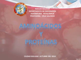 UNIVERSIDAD DE ORIENTE
NÚCLEO BOLÍVAR
DEPARTMENTO DE ENFERMERÍA
ASIGNATURA: BIOQUÍMICA
PROFESORA: CRUZ GALINDO
CIUDAD BOLIVAR OCTUBRE DEL 2014
 