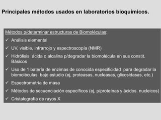 Métodos p/determinar estructuras de Biomoléculas:
 Análisis elemental
 UV, visible, infrarrojo y espectroscopía (NMR)
 Hidrólisis ácida o alcalina p/degradar la biomolécula en sus constit.
Básicos
 Uso de 1 batería de enzimas de conocida especificidad para degradar la
biomoléculas bajo estudio (ej, proteasas, nucleasas, glicosidasas, etc.)
 Espectrometría de masa
 Métodos de secuenciación específicos (ej, p/proteínas y ácidos. nucleicos)
 Cristalografía de rayos X
Principales métodos usados en laboratorios bioquímicos.
 