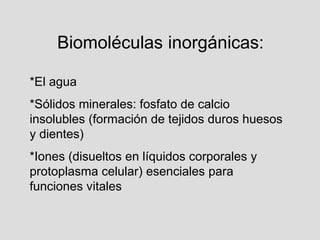Biomoléculas inorgánicas:
*El agua
*Sólidos minerales: fosfato de calcio
insolubles (formación de tejidos duros huesos
y dientes)
*Iones (disueltos en líquidos corporales y
protoplasma celular) esenciales para
funciones vitales
 