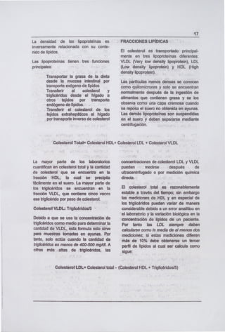 La densidad de las lipoproteinas es
inversamente relacionada con su conte-
nido de lípidos.
Las lipoproteínas tienen, tres funciones
principales:
Transportar la grasa de la dieta
desde la mucosa • intestinal por
transporte exógeno de lípidos
Transferir al colesterol y
triglicéridos desde el hígado a
otros tejidos por - transporte
endógeno de lípidos..
Transferir el colesterol.. de los
tejidos extrahepáticos al hígado
por transporte inverso de colesterol
17
FRACCIONES LIPIDICAS
El colesterol es transportado principal-
mente en tres lipoproteínas diferentes:
VLDL (Very low density lipoprotein), LDL
(10w density lipoprotein) y HDL (High
density bpoprotein)
Las partículas menos densas se conocen
como quilomicrones y solo se encuentran
normalmente después de la Ingestión de
alimentos que contienen grasa y se los
observa como uná capa cremosa cuando
se reposa el suero no obtenida en ayunas.
Las demás lipoproteinas son suspendidas
en el suero y deben separarse mediante
centrifugación.
Colesterol Total= Colesterol HDL+ Colesterol LDL + Colesterol VLDL
La mayor parte de los laboratorios
cuantifican en colesterol total y la cantidad
de colesterol que se encuentra en la
racción HDL, la cual se precipita
fácilmente en el suero. la mayor parte de
los triglicéridos se encuentran en la
fracción VLDL, que contiene cinco veces
ese triglicérido por paso de colesterol.
Colesterol VLDL: Triglicéridos/5
Debido a que se usa la concentración de
triglicéridos como medio para determinar la
cantidad dé VLDL esta formula solo sirve
para muestras tomadas en ayunas. Por
tanto, solo actúa cuando la cantidad de
triglicéridos es menos de 400-500 mg/dl. A
cifras más altas de triglicéridos, las
concentraciones de colesterol LDL y VLDL
pueden medirse después de
ultracentrifugado o por medición química
directa.
El colesterol total es razonablemente
estable a través del tiempo; sin embargo
las mediciones de :HDL y en especial de
los triglicéridos pueden variar de manera
considerable debido a un error analítico en
el laboratorio y la variación biológica en la
concentración de lípidos de un paciente.
Por tanto ¡as LDL siempre deben
calcularse como le media de al menos dos
mediciones; si estas mediciones difieren
más de 10% debe obtenerse un tercer
perfil de lípidos al cual ser calcula como
sigue:
Colesterol LDL= Colesterol total - (Colesterol HDL + Triglicéridos/5)
 