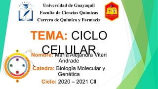 Universidad de Guayaquil
Faculta de Ciencias Químicas
Carrera de Química y Farmacia
Nombre: María Alejandra Viteri
Andrade
Catedra: Biología Molecular y
Genética
Ciclo: 2020 – 2021 Cll
TEMA: CICLO
CELULAR
 