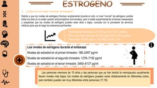  ¿Cuáles son los niveles “normales” de estrógeno?
Debido a que los niveles de estrógeno fluctúan ampliamente durante el ciclo, el nivel “normal” de estrógeno cambia
todos los días (si no estás usando anticonceptivos hormonales), pero si estás experimentando síntomas inesperados
y sospechas que tus niveles de estrógeno pueden estar altos o bajos, consulta con tu proveedor de servicios
médicos para que te haga los exámenes pertinentes.
Las personas menores de 15 años y las personas que ya han tenido la menopausia usualmente
tienen niveles más bajos, los niveles de estrógeno pueden variar drásticamente en diferentes ciclos,
pero también pueden ser muy diferentes entre personas (17,19).
1. Fase folicular temprana: 20-150 pg./ml (73-551 pmol/L)
2. Pico en la mitad del ciclo: 40-350 pg/ml (551-2753 pmol/L)
3. Fase lútea: 30-450 pg/ml (110-1652 pmol/L) (18)
Los niveles de estrógeno durante el embarazo
Niveles de estradiol en el primer trimestre: 188–2497 pg/ml
Niveles de estradiol en el segundo trimestre: 1278–7192 pg/ml
Niveles de estradiol en el tercer trimestre: 3460–6137 pg/ml
 
