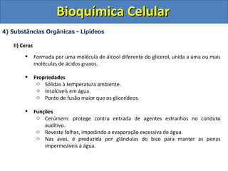 Bioquímica Celular 4) Substâncias Orgânicas - Lipídeos II) Ceras Formada por uma molécula de álcool diferente do glicerol, unida a uma ou mais moléculas de ácidos graxos. Propriedades Sólidas à temperatura ambiente. Insolúveis em água. Ponto de fusão maior que os glicerídeos. Funções Cerúmem: protege contra entrada de agentes estranhos no conduto auditivo. Reveste folhas, impedindo a evaporação excessiva de água. Nas aves, é produzida por glândulas do bico para manter as penas impermeáveis à água. 