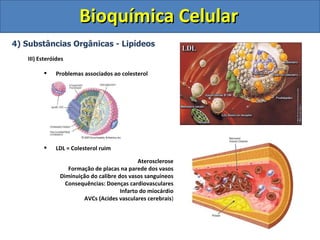 Bioquímica Celular 4) Substâncias Orgânicas - Lipídeos III) Esteróides Problemas associados ao colesterol LDL = Colesterol ruim Aterosclerose Formação de placas na parede dos vasos Diminuição do calibre dos vasos sanguíneos Consequências: Doenças cardiovasculares Infarto do miocárdio AVCs (Acides vasculares cerebrais ) 