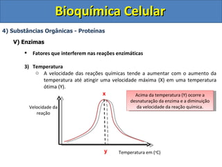 Bioquímica Celular 4) Substâncias Orgânicas - Proteínas V) Enzimas Fatores que interferem nas reações enzimáticas Temperatura A velocidade das reações químicas tende a aumentar com o aumento da temperatura até atingir uma velocidade máxima (X) em uma temperatura ótima (Y). x y Velocidade da reação Temperatura em ( o C) Acima da temperatura (Y) ocorre a desnaturação da enzima e a diminuição da velocidade da reação química. 