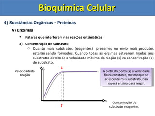 Bioquímica Celular 4) Substâncias Orgânicas - Proteínas V) Enzimas Fatores que interferem nas reações enzimáticas Concentração de substrato Quanto mais substratos (reagentes)  presentes no meio mais produtos estarão sendo formados. Quando todas as enzimas estiverem ligadas aos substratos obtém-se a velocidade máxima da reação (x) na concentração (Y) de substrato. x y Velocidade da reação Concentração de substrato (reagentes) A partir do ponto (x) a velocidade ficará constante, mesmo que se acrescente mais substrato, não haverá enzima para reagir. 
