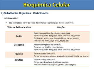 Bioquímica Celular 4) Substâncias Orgânicas - Carboidratos III.  Polissacarídeos São formados a partir da união de centenas e centenas de monossacarídeos Tipos de Polissacarídeos Funções Amido Reserva energética das plantas e das algas Formado a partir da ligação entre centenas de glicoses Fonte mais importante de carboidrato para o homem Presente no milho, soja, arroz, feijão, etc. Glicogênio Reserva energética dos animais Presente no fígado e nos músculos Formado a partir da ligação entre centenas de glicoses Quitina Polissacarídeo estrutural Forma o exoesqueleto dos atrópodes e parede celular de fungos Celulose Polissacarídeo estrutural Forma parede celular de células vegetais Presente nas fibras vegetais (evita a constipação) 