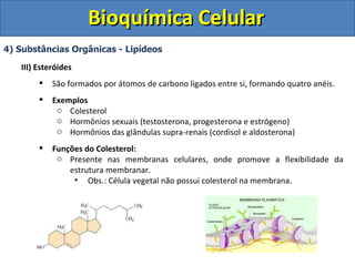 Bioquímica Celular 4) Substâncias Orgânicas - Lipídeos III) Esteróides São formados por átomos de carbono ligados entre si, formando quatro anéis. Exemplos Colesterol Hormônios sexuais (testosterona, progesterona e estrógeno) Hormônios das glândulas supra-renais (cordisol e aldosterona) Funções do Colesterol: Presente nas membranas celulares, onde promove a flexibilidade da estrutura membranar. Obs.: Célula vegetal não possui colesterol na membrana. 