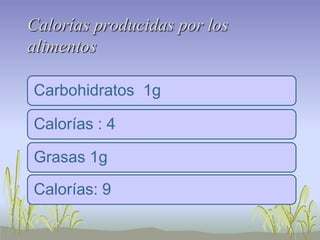 Calorías producidas por los
alimentos

Carbohidratos 1g

Calorías : 4

Grasas 1g

Calorías: 9
 