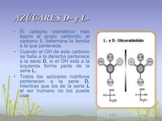 AZÚCARES D- y L-
• El carbono asimétrico mas
  lejano al grupo carbonilo, el
  carbono 5, determina la familia
  a la que pertenece.
• Cuando el OH de este carbono
  se halla a la derecha pertenece
  a la serie D, si el OH está a la
  izquierda forma parte de la
  serie L.
• Todos los azúcares nutritivos
  pertenecen a la serie D,
  mientras que los de la serie L
  el ser humano no los puede
  usar.
 