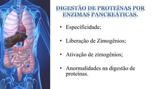 • Especificidade; 
• Liberação de Zimogênios; 
• Ativação de zimogênios; 
• Anormalidades na digestão de 
proteínas. 
 