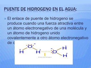PUENTE DE HIDROGENO EN EL AGUA:
 El enlace de puente de hidrogeno se
produce cuando una fuerza atractiva entre
un átomo electronegativo de una molécula y
un átomo de hidrogeno unido
covalentemente a otro átomo electronegativo
de otra molécula.
 