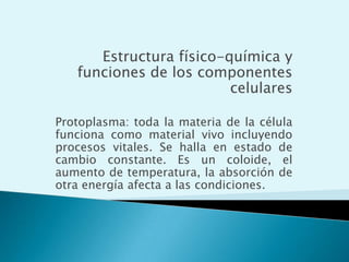 De acuerdo al grado de complejidad en la organización de sus estructuras se dividen en:-Células procariontes: bacterias (ejem. Salmonella)-Células eucariontes: protozoarios (ejem. Amiba), hongos (ejem. levadura) plantas (ejem. pino) y animales (ejem. Mariposa)