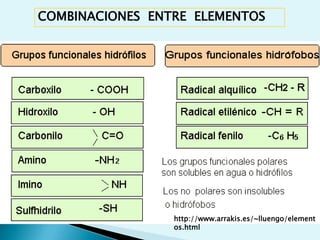 1.- COMPONENTES DE LA MATERIA VIVATodas las formas de vida están constituidas por los mismoselementos químicos que forman los mismos tipos de moléculas. Ello refleja el origen evolutivo común de las células y organismosA.- BIOELEMENTOS Primarios	   Secundarios	     Oligoelementos	Carbono (C)Hidrógeno (H)Oxígeno (O)Nitrógeno (N)Azufre (S) Fósforo (P)Magnesio (Mg)Calcio (Ca)Sodio (Na)Potasio (K)Cloro (Cl) Hierro	 (Fe)           Silicio (Si)Manganeso (Mn)  Vanadio (V)Cobre (Cu)	      Cromo (Cr)Zinc (Zn)Cobalto (Cu)Flúor (F)               Selenio (Se)Yodo (I)           Molibdeno (Mb)Boro (B)                Estaño (Sn) 