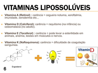    Vitamina A (Retinol) : carência = cegueira noturna, xeroftalmia,
    imunidade, xerodermia etc...

   Vitamina D (Calciferol): carência = raquitismo (na infância) ou
    osteomalacia (no adulto).

   Vitamina E (Tocoferol) : carência = pode levar a esterilidade em
    animais, anemia, lesões em músculos e nervos.

   Vitamina K (Naftoquinona): carência = dificuldade de coagulação
    sanguínea.
 
