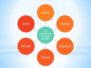 Calcio

Sodio

Cloruro
Los
electrólitos
comunes
abarcan:

Potasio

Magnesio

Fósforo

 