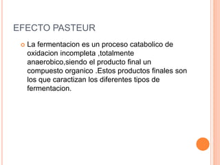 EFECTO PASTEUR
 La fermentacion es un proceso catabolico de
oxidacion incompleta ,totalmente
anaerobico,siendo el producto final un
compuesto organico .Estos productos finales son
los que caractizan los diferentes tipos de
fermentacion.
 