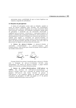6 Metabolismo dos carboidratos   • 161

    apresentam menor variabilidade do que os teores hepáticos em
    resposta a ingestão de carboidratos.

A. Reações da glicogênese
    A síntese do glicogênio ocorre após as refeições, quando os
teores de glicose sangüínea estão elevados. Até recentemente,
presumia-se que a glicose sangüínea era a única precursora direta
nesse processo. Entretanto, em condições fisiológicas, grande parte
do glicogênio é produzido por um mecanismo envolvendo a
seqüência: glicose da dieta → molécula C 3 → glicogênio hepático. O
lactato e a alanina são as principais moléculas-C 3 nesse processo (ver
gliconeogênese). O lactato é formado nos eritrócitos por glicólise e é
captado pelo fígado e convertido em glicose − 6 − fosfato na
gliconeogênese. A discussão a seguir mostra a síntese do glicogênio a
partir da glicose-6-fosfato derivada da glicose livre pela ação da
glicocinase (no fígado) ou da hexocinase (no músculo).
    1. Síntese da glicose − 1 − fosfato. A glicose − 6 − fosfato é
convertida     reversivelmente    a     glicose − 1 − fosfato   pela
fosfoglicomutase, uma enzima que contém um grupo fosforil ligado a
um resíduo serina reativo:

                            2-
                   CH2 OPO3                 CH2 OH
                        O                        O
                   OH                       OH
                                                         2-
              OH                 OH    OH             OPO3
                        OH                       OH

    O grupo fosforil da enzima é transferido para a glicose − 6 − fosfato
com a formação de glicose − 1,6 − bifosfato (G1,6P) como
intermediário. Na síntese de glicose − 1 − fosfato, o grupo fosforil
ligado ao C6 retorna ao resíduo serina da enzima.
    2. Síntese de uridina − difosfato-glicose (UDP − glicose ou
UDPG).         Em    presença  da   UDP − glicose − pirofosforilase, a
glicose − 1 − fosfato reage com a trifosfato de uridina (UTP), para
produzir UDP − glicose uma forma “ativada” de glicose. A
UDP − glicose é um composto doador de unidade glicosil para
biossíntese de glicogênio. O UDP está ligado ao C1 da glicose
conforme reação descrita por Leloir em 1957:
 