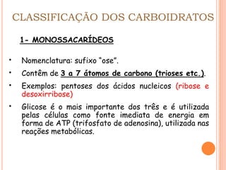 CLASSIFICAÇÃO DOS CARBOIDRATOS
1- MONOSSACARÍDEOS
• Nomenclatura: sufixo “ose”.
• Contêm de 3 a 7 átomos de carbono (trioses etc.).
• Exemplos: pentoses dos ácidos nucleicos (ribose e
desoxirribose)
• Glicose é o mais importante dos três e é utilizada
pelas células como fonte imediata de energia em
forma de ATP (trifosfato de adenosina), utilizada nas
reações metabólicas.
 