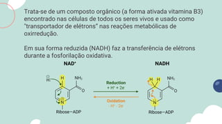 Trata-se de um composto orgânico (a forma ativada vitamina B3)
encontrado nas células de todos os seres vivos e usado como
"transportador de elétrons“ nas reações metabólicas de
oxirredução.
Em sua forma reduzida (NADH) faz a transferência de elétrons
durante a fosforilação oxidativa.
 