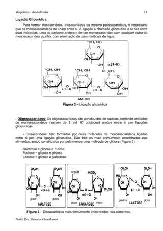 Bioquímica – Biomoléculas                                                           11

Ligação Glicosídica:
     Para formar dissacarídeos, trissacarídeos ou mesmo polissacarídeos, é necessário
que os monossacarídeos se unam entre si. A ligação é chamada glicosídica e se faz entre
duas hidroxilas: uma do carbono anômero de um monossacarídeo com qualquer outra do
monossacarídeo vizinho, com eliminação de uma molécula de água.




                                  Figura 2 – Ligação glicosídica



- Oligossacarídeos: Os oligossacarídeos são constituídos de cadeias contendo unidades
de monossacarídeos (variam de 2 até 10 unidades) unidas entre si por ligações
glicosídicas.

     - Dissacarídeos: São formados por duas moléculas de monossacarídeos ligados
entre si por uma ligação glicosídica. São três os mais comumente encontrados nos
alimentos, sendo constituídos por pelo menos uma molécula de glicose (Figura 3):

     Sacarose = glicose e frutose.
     Maltose = glicose e glicose.
     Lactose = glicose e galactose.




        Figura 3 – Dissacarídeos mais comumente encontrados nos alimentos.

Profa. Dra. Janesca Alban Roman
 