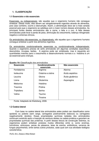58

   1. CLASSIFICAÇÃO

1.1 Essenciais e não essenciais

Essenciais, ou indispensáveis: são aqueles que o organismo humano não consegue
sintetizar. Desse modo, eles devem ser obrigatoriamente ingeridos através de alimentos,
pois caso contrário, ocorre a desnutrição. Assim, a alimentação deve ser a mais variada
possível para que o organismo se satisfaça com o maior número desses aminoácidos. As
principais fontes desses aminoácidos são a carne, o leite e o ovo. A falta desses
aminoácidos pode levar à perda de peso, diminuição do crescimento, balanço nitrogenado
negativo e sintomas clínicos.

Os aminoácidos não-essenciais, ou dispensáveis, são aqueles que o organismo humano
consegue sintetizar a partir dos alimentos ingeridos.

Os aminoácidos condicionalmente essenciais ou condicionalmente indispensáveis:
Quando o organismo precisa de certo aminoácido em algumas condições específicas:
desnutridos, cirurgias, lesões. A arginina pode ser sintetizada, mas é requerida em
quantidades maiores para o crescimento e desenvolvimento normais e a histidina é um
aa essencial para crianças.


Quadro 14- Classificação dos aminoácidos
   Essenciais                 Condicionalmente            Não essenciais
                                 essenciais
   Fenilalanina                Arginina                   Alanina
     Isoleucina                   Cisteína e cistina      Ácido aspártico
     Leucina                      Glicina                 Ácido glutâmico
     Lisina                       Glutamina               Asparagina
     Metionina                    Histidina
     Treonina                     Prolina
     Triptofano                   Serina
     Valina                       Taurina
                                  Tirosina
     Fonte: Adaptado de Waitzberg, 2006.

1.2 Cadeia lateral

       Com base na cadeia lateral dos aminoácidos estes podem ser classificados como
apolares ou polares (sem carga, carregados positivamente (básicos) ou carregados
negativamente (ácidos). Essas propriedades químicas isoladas dos aminoácidos
continuam existindo após a inserção de resíduos destes na cadeia protéica e garantem as
propriedades químicas das proteínas. A partir desses blocos de construção distintos, os
organismos podem sintetizar produtos muitos diferentes entre si, como enzimas,
hormônios, anticorpos, penas de pássaros, teias de aranha, antibióticos, venenos de
fungos peçonhentos, entre tantos outros produtos, cada qual com sua atividade biológica
característica.
Profa. Dra. Janesca Alban Roman
 