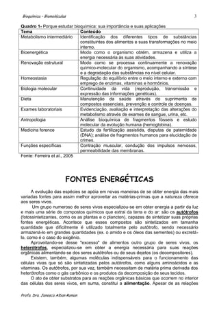Bioquímica – Biomoléculas                                                               3

Quadro 1- Porque estudar bioquímica: sua importância e suas aplicações
Tema                         Conteúdo
Metabolismo intermediário    Identificação dos diferentes tipos de substâncias
                             constituintes dos alimentos e suas transformações no meio
                             interno.
Bioenergética                Modo como o organismo obtém, armazena e utiliza a
                             energia necessária às suas atividades.
Renovação estrutural         Modo como se processa continuamente a renovação
                             químico-molecular do organismo, acompanhando a síntese
                             e a degradação das substâncias no nível celular.
Homeostasia                  Regulação do equilíbrio entre o meio interno e externo com
                             emprego de enzimas, vitaminas e hormônios.
Biologia molecular           Continuidade da vida (reprodução, transmissão e
                             expressão das informações genéticas).
Dieta                        Manutenção da saúde através do suprimento de
                             compostos essenciais, prevenção e controle de doenças.
Exames laboratoriais         Evidenciação, avaliação e interpretação das alterações do
                             metabolismo através de exames de sangue, urina, etc.
Antropologia                 Análise bioquímica de fragmentos fósseis e estudo
                             molecular da evolução humana (hemoglobina).
Medicina forence             Estudo da fertilização assistida, disputas de paternidade
                             (DNA); análise de fragmentos humanos para elucidação de
                             crimes.
Funções específicas          Contração muscular, condução dos impulsos nervosos,
                             permeabilidade das membranas.
Fonte: Ferreira et al., 2005




                        FONTES ENERGÉTICAS
      A evolução das espécies se apóia em novas maneiras de se obter energia das mais
variadas fontes para assim melhor aproveitar as matérias-primas que a natureza oferece
aos seres vivos.
      Um grupo numeroso de seres vivos especializou-se em obter energia a partir da luz
e mais uma série de compostos químicos que extrai da terra e do ar: são os autótrofos
(fotossintetizantes, como os as plantas e o plancton), capazes de sintetizar suas próprias
fontes energéticas. Acontece que esses compostos são sintetizados em tamanha
quantidade que dificilmente é utilizado totalmente pelo autótrofo, sendo necessário
armazená-lo em grandes quantidades (ex. o amido e os óleos das sementes) ou excretá-
lo, como é o caso do oxigênio.
      Aproveitando-se desse "excesso" de alimentos outro grupo de seres vivos, os
heterótrofos, especializou-se em obter a energia necessária para suas reações
orgânicas alimentando-se dos seres autótrofos ou de seus dejetos (os decompositores).
      Existem, também, algumas moléculas indispensáveis para o funcionamento das
células vivas que só são sintetizadas pelos autótrofos, como alguns aminoácidos e as
vitaminas. Os autótrofos, por sua vez, também necessitam de matéria prima derivada dos
heterótrofos como o gás carbônico e os produtos da decomposição de seus tecidos.
      O ato de obter substratos para as reações orgânicas básicas que ocorrem no interior
das células dos seres vivos, em suma, constitui a alimentação. Apesar de as relações

Profa. Dra. Janesca Alban Roman
 