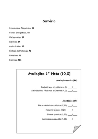 Sumário
Introdução a Bioquímica, 01

Fontes Energéticas, 03

Carboidratos, 08

Lipídeos, 31

Aminoácidos, 57

Síntese de Proteínas, 70

Proteínas, 75

Enzimas, 103




                    Avaliações 1º Nota (10,0)
                                                     Avaliação escrita (9,0)


                                     Carboidratos e Lipídeos (4,0) ____/____
                           Aminoácidos, Proteínas e Enzimas (4,0) ____/____




                                                            Atividades (2,0)

                                  Mapa mental carboidratos (0,25) ____/____

                                          Resumo lipídeos (0,25) ____/____

                                           Síntese protéica (0,25) ____/____

                                     Exercícios da apostila (1,25) ____/____
 