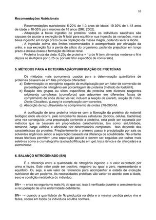 95

Recomendações Nutricionais

     - Recomendações nutricionais: 5-20% de 1-3 anos de idade; 10-30% de 4-18 anos
de idade e 10-35% para maiores de 18 anos (DRI, 2002).
     - Adaptação à baixa ingestão de proteína: todos os indivíduos saudáveis são
capazes de ajustar a excreção de N total para equilibrar sua ingestão às variações, mas a
baixa ingestão em longo prazo causa depleção da massa magra, podendo levar a morte.
     - A ingestão acima dos limites recomendados é acompanhada por elevação da
uréia, e sua excreção faz a perda de cálcio do organismo, podendo prejudicar em longo
prazo a massa óssea e formação de litíase renal.
     - Proteína bruta da dieta: 6,25g de proteína = 1g de N (em alimentos mede-se o N e
depois se multiplica por 6,25 ou por um fator específico de conversão).


5. MÉTODOS PARA A DETERMINAÇÃO/PURIFICAÇÃO DE PROTEÍNAS

       Os métodos mais comumente usados para a determinação quantitativa de
proteínas baseiam-se em três princípios diferentes:
   a) Determinação do nitrogênio seguido da multiplicação por um fator de conversão de
       porcentagem de nitrogênio em porcentagem de proteína (método de Kjeldahl).
   b) Reação dos grupos ou sítios específicos da proteína com diversos reagentes
       originando complexos (cromóforos) que adsorvem em diferentes faixas de
       comprimento de onda da luz visível; incluem a reação de Biureto, reação de Folin-
       Denis-Ciocalteau (Lowry) e complexação com corantes.
   c) Absorção de luz ultravioleta no comprimento de ondas 278-280nM.

       A purificação de uma proteína inicia-se com a liberação da proteína do material
biológico onde ela ocorre, pelo rompimento dessas estruturas (tecidos, células, bactérias)
uma vez conseguida uma preparação contendo a proteína, esta pode ser separada por
métodos que se baseiam em propriedades características, tais como: solubilidade,
tamanho, carga elétrica e afinidade por determinados compostos. Isso depende das
características da proteína. Freqüentemente o primeiro passo é precipitação por sais ou
solventes orgânicos sendo a separação baseada na diferença de solubilidade. No entanto
essas técnicas permitem uma separação parcial e devem ser seguidas por outras mais
seletivas como a cromatografia (exclusão/filtração em gel, troca iônica e de afinidade) e a
eletroforese.


6. BALANÇO NITROGENADO (BN)

        É a diferença entre a quantidade de nitrogênio ingerido e o valor excretado por
urina e fezes. Este valor pode ser positivo, negativo ou igual a zero, representando o
equilíbrio. Ou seja, é um valor de referencia para acompanhar o estado de evolução
nutricional de um paciente. As necessidades protéicas vão variar de acordo com a idade,
sexo e condição metabólica do indivíduo.

BN+ → entra no organismo mais N2 do que sai, isso é verificado durante o crescimento ou
a recuperação de uma enfermidade debilitante.

BN= → quando a quantidade de N2 produzida na dieta e a mesma perdida pelos rins e
fezes, ocorre em todos os indivíduos adultos normais.
                                                                                        95
 