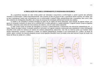 111



                           A ONDULAÇÃO DO CABELO (PERMANENTE) É ENGENHARIA BIOQUÍMICA

       As -queratinas expostas ao calor úmido podem ser esticadas e assumirem a conformação , porém quando são esfriadas
revertem à conformação -hélice espontaneamente. Isto é devido ao fato de grupos R das -queratinas serem maiores, em média, que
os das -queratinas e assim são incompatíveis com a conformação estável. Estas características das -queratinas, bem como o seu
alto conteúdo de interligações dissulfeto, são a base do processo de ondulação artificial permanente dos cabelos.
       O cabelo a ser ondulado é primeiro enrolado ao redor de um objeto de forma adequada. Uma solução de agente redutor, em
geral um composto contendo um grupo tiol ou sulfidrila (SH), é então aplicado e o cabelo aquecido. O agente redutor rompe as ligações
dissulfeto, reduzindo cada cistina em dois resíduos de cisteína, uma em cada cadeia adjacente.
       O calor úmido rompe as pontes de hidrogênio e provoca o desenrolamento e estiramento das estruturas polipeptídicas em -
hélice. Depois de algum tempo, a solução redutora é removida e um agente oxidante é adicionado para estabelecer novas interligações
dissulfeto entre pares de resíduos de cisteína de cadeias polipeptídicas adjacentes, mas não os mesmos pares que existiam antes
destes tratamentos. Lavando e resfriando o cabelo, as cadeias polipeptídicas revestem a sua conformação em -hélice. As fibras do
cabelo, agora, ondulam da maneira desejada porque novas ligações dissulfeto foram formadas onde elas exercem forças de torção nos
feixes de fibras do cabelo em -hélice.




                                              FONTE: Lehninger, Nelson & Cox, 1995.




                                                                                                                                 111
 