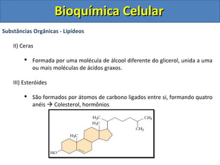 Bioquímica Celular
Substâncias Orgânicas - Lipídeos

    II) Ceras

         Formada por uma molécula de álcool diferente do glicerol, unida a uma
          ou mais moléculas de ácidos graxos.

    III) Esteróides

         São formados por átomos de carbono ligados entre si, formando quatro
          anéis  Colesterol, hormônios
 