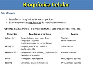 Bioquímica Celular
Sais Minerais

     Substâncias inorgânicas formadas por íons.
     São componentes reguladores do metabolismo celular.

   Obtenção: Água mineral e alimentos: frutos, verduras, cereais, leite, etc.

     Elementos               Funções no organismo                           Fontes
   Cálcio (Ca2+)    Composição dos ossos e dos dentes           Vegetais
                    Coagulação sanguínea                        Leites e derivados
                    Funcionamento de nervos e músculos
   Cloro (Cl-)      Composição do ácido clorídrico              Sal de cozinha
                    Auxilia a digestão
   Cobalto (CO²+)   Componente da vitamina B12 (cobalamina) –   Carnes e laticínios
                    Produção de hemácias
   Cobre            Formação da hemoglobina                     Ovos, legumes e peixes

   Enxofre          Controle da atividade metabólica            Ovos, carnes e legumes
 